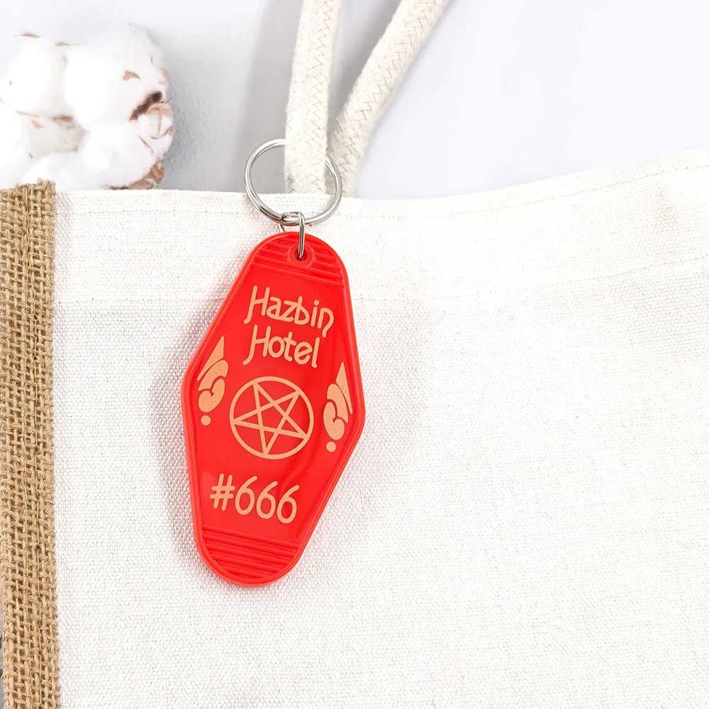 Hhazbin Motel Schlüsselanhänger, Hell Pentagram Motel Schlüsselanhänger 666 Lucifer Acryl Schlüsselring, Fandom Rucksack Auto Anhänger, Geschenk für Fans – Detail 4