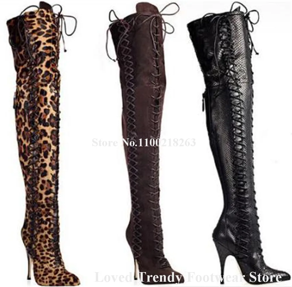 Sexy Leopard Brown Thin Heel Over Knee Boots Pointed Toe Lace-up Suede Stiletto Heel Long Boots Big Size Heels