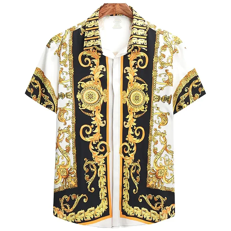 Men's Ethnic Print Breathable Hawaiian Shirt Beach Vacation Shirt Gold Texture Men's Street Clothing Shirt Short Sleeve Lapel