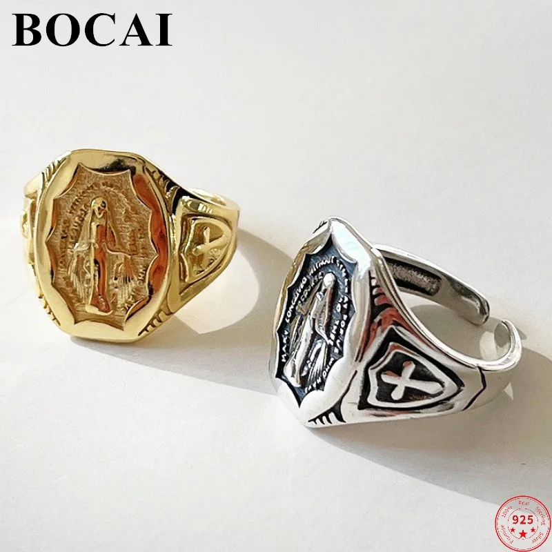 

BOCAI S925 Sterling Silver Rings New Fashion Virgin Mary Cross Adjustable Pure Argentum Amulet Hand Jewelry for Men