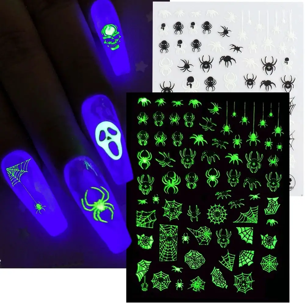 กาว Sliders Decals Skull ฟักทองเล็บส่องสว่างฮาโลวีนสติกเกอร์เล็บ Glow In The Dark 3D