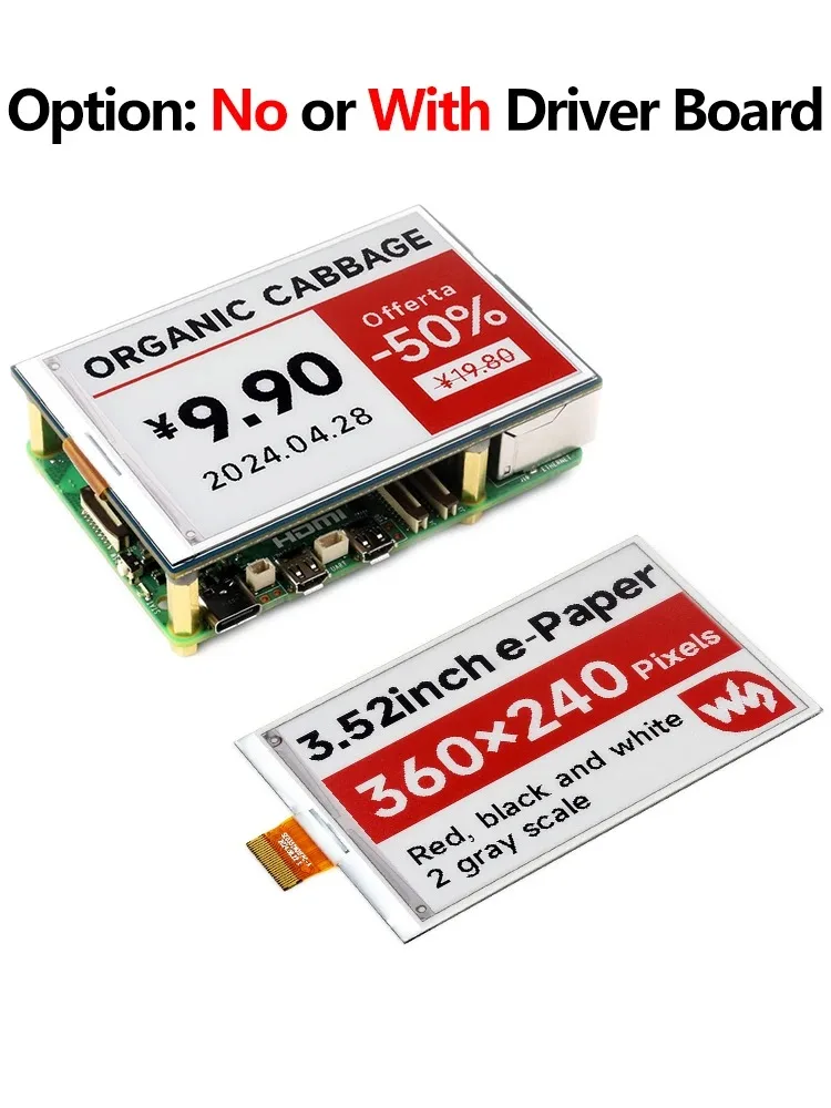 E Paper Ink HAT B da 3,52 pollici Opzione: No o con scheda driver Display schermo rosso/nero/bianco per Arduino /Raspberry Pi /Jetson /ST