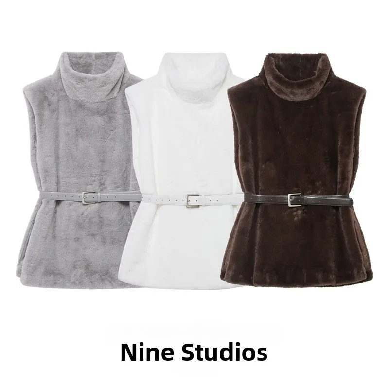 

Nine Zar Women's Pure Color High Collar Belted Faux Fur Vest Svel Casual Outerwear Top Commute Sle Spring 2025