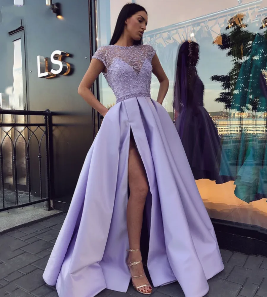 

2023 Special Occasion Gowns New Dubai Arabic Lavender Satin Prom Dresses with Slits Pearl Elegant Long Evening Boho Women