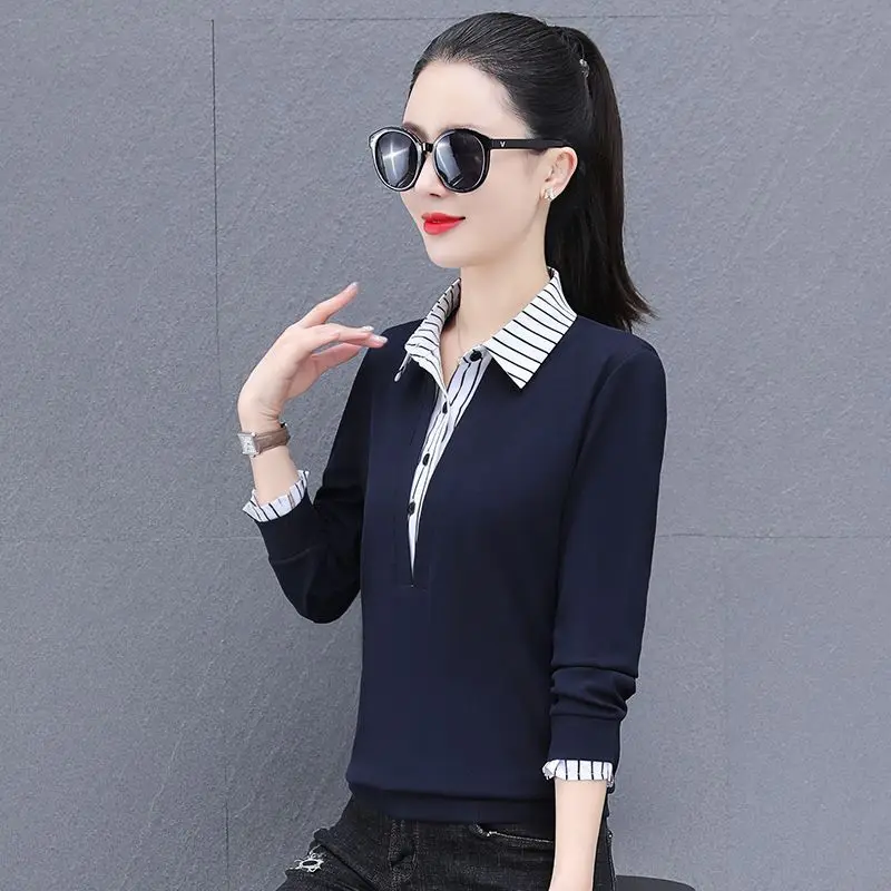 Elegancka długa bluzka damska imitująca dwuczęściowy strój, idealna na wiosnę i jesień, nowa, wysokiej jakości, codzienna, bawełniana, dla mam, zakrywająca brzuch.