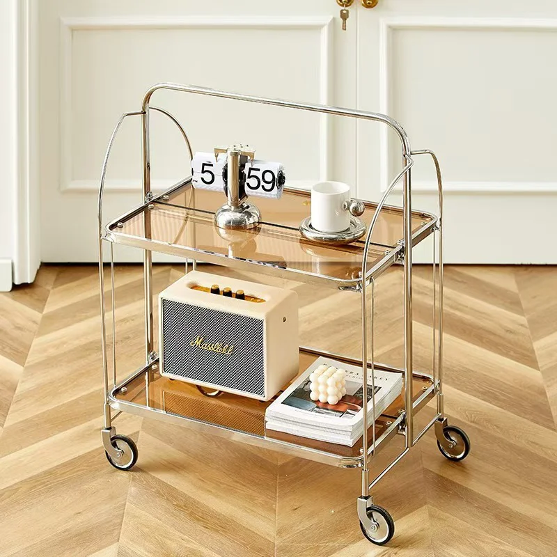 Foldable Mobile Cart Transparent Glass Cart Living Room Sofa Side Table Simple Lightweigh Modern Luxurious Wind Storage Rack.