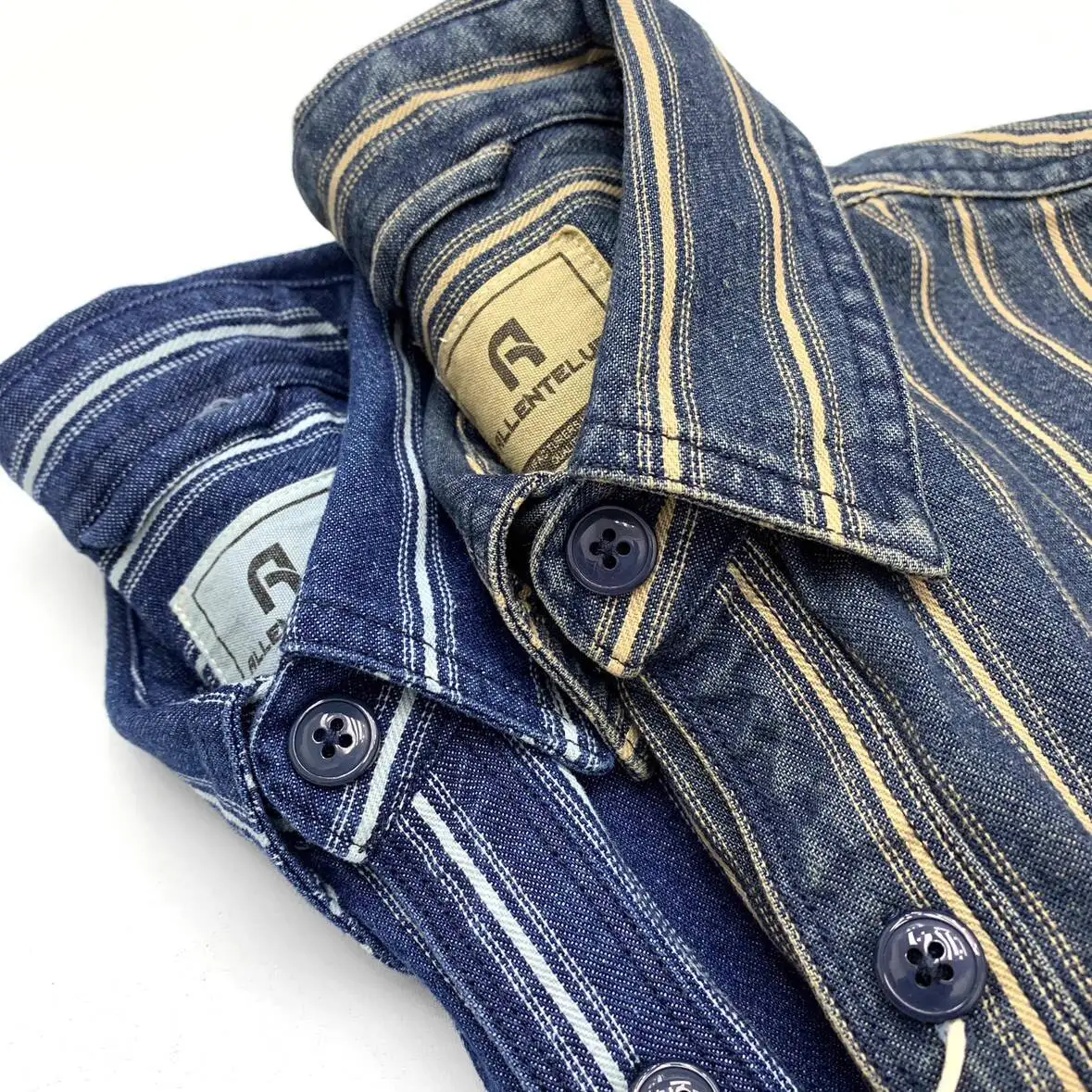 

Heavyweight Washed Cotton Striped Denim Shirt For Men Motorcycle Style Loose Fit Button Down Work Shirt Jacket With Chest Pocket