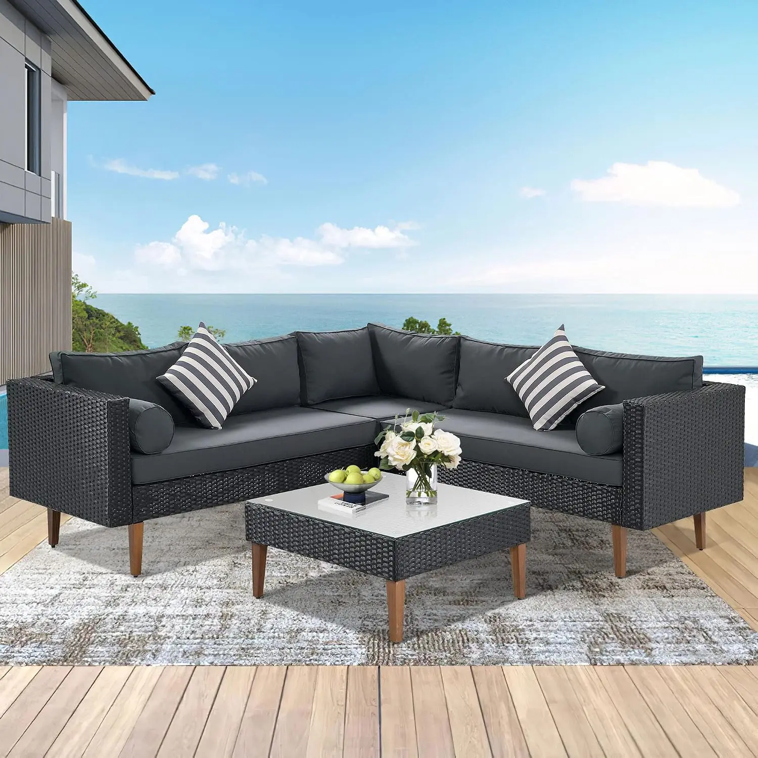 Outdoor Wicker Sofa Set Patio Furniture L Shape With Colorful Pillows Gray Cushions Black Rattan, Customized
