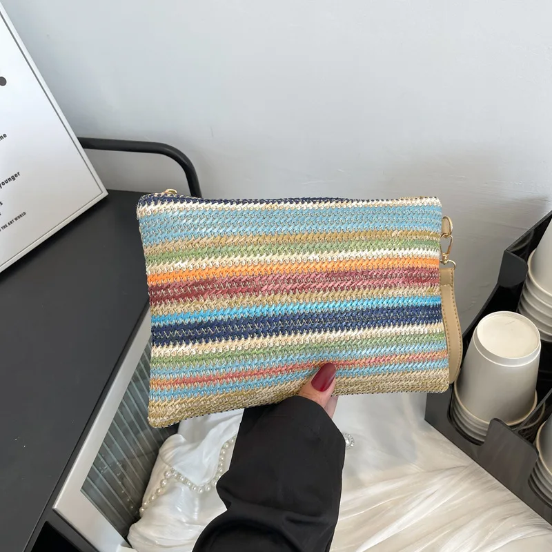Vintage Colorful Hand Woven Clutch Bag Handmade Casual Portable Beach Purse Elegant Women Pouch For Weekend Vacation