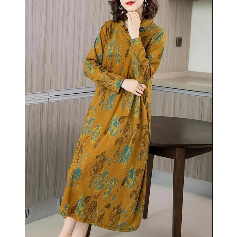 Primavera autunno moda donna stampa floreale oversize stile etnico abiti eleganti Casual mezzo collo alto manica lunga vestito Midi