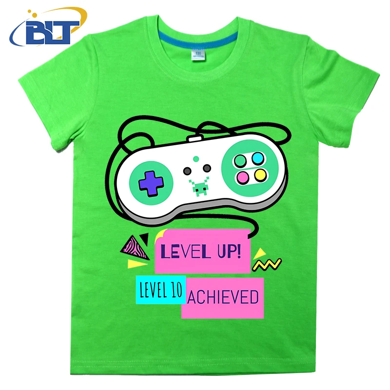 Camiseta impressa para console de jogos de manga curta infantil, blusa casual, de algodão, adequada para meninos e meninas, 10 ° aniversário, verão