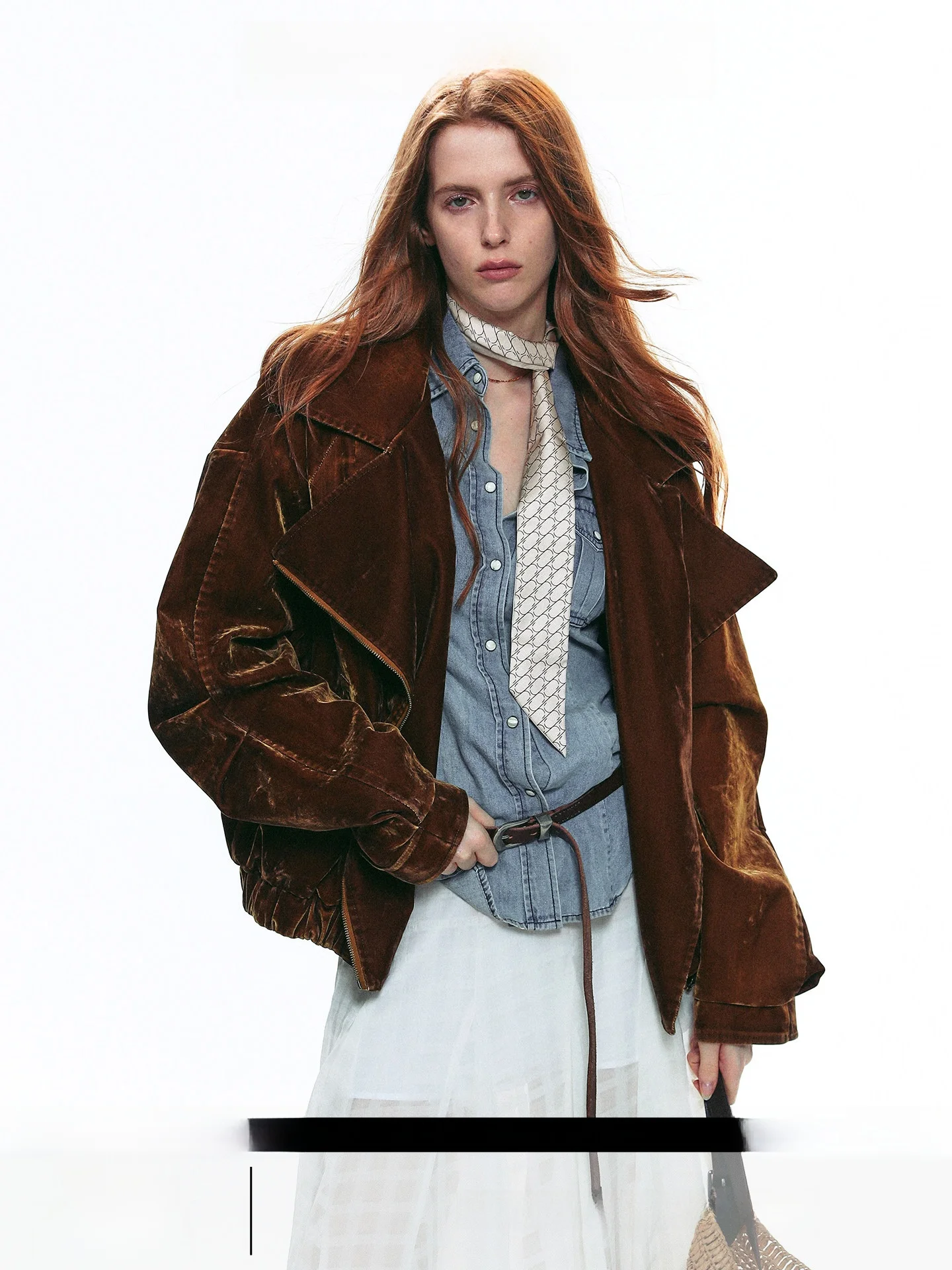 

Retro Sle ort Velour Feel Jaet Women's Faux Fur Collar Workwear Top Loose Fit Long Sve Zipper Closure Color