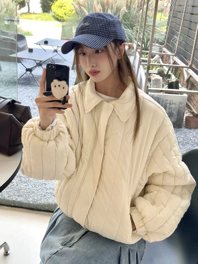 

Женская одежда с хлопковой подкладкой, новинка 2025 года, зимняя легкая свободная короткая хлопковая куртка с откидным воротником, повседневное теплое стеганое пальто
