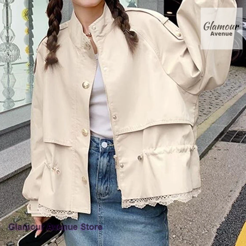 French solid color lace stitching short coat women's spring and autumn new fashion temperament design casual Joker jacket