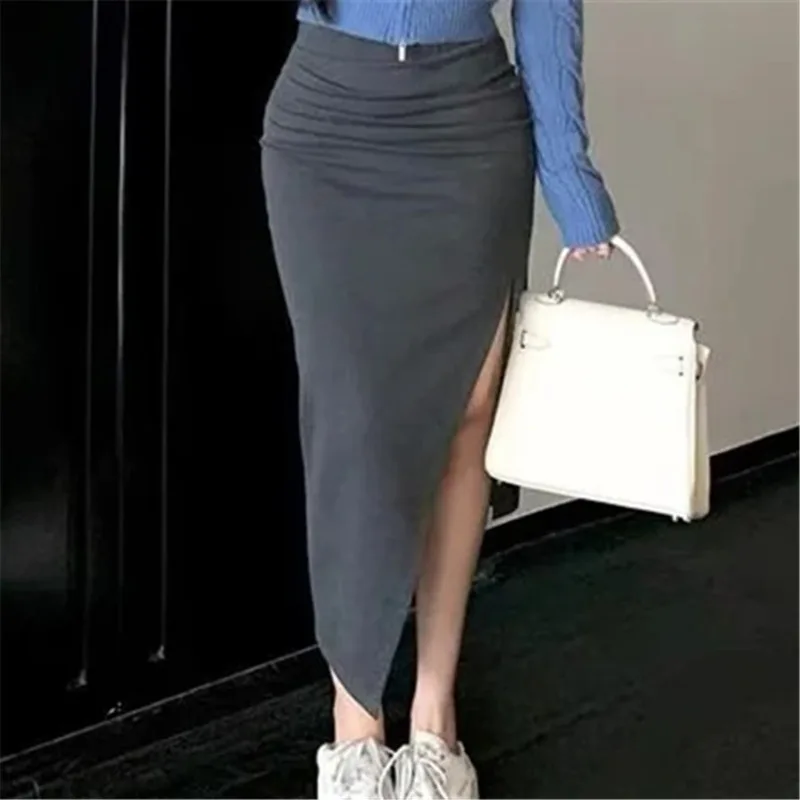 Korean Drama Female Anchor Outfit High Waist Slit Long Skirt Women 2025 Summer Sexy Tight Elastic Bodycon Skirt Half Skirt JD96