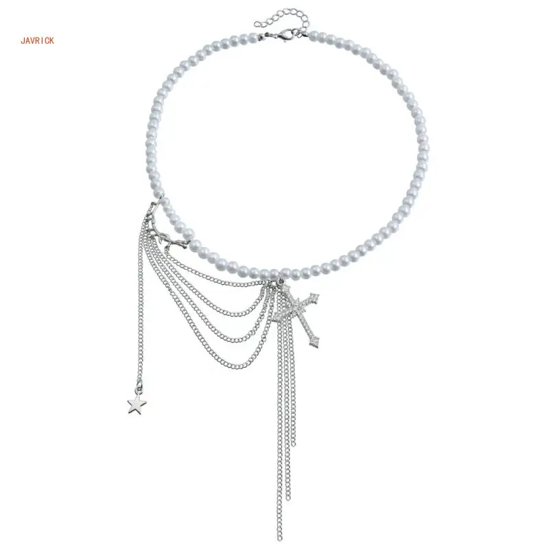 N1HE Fashionable Crucifix Charm Necklace with Fringes Imitation Pearls Bead Neckchain Accessory for Stylish Individuals