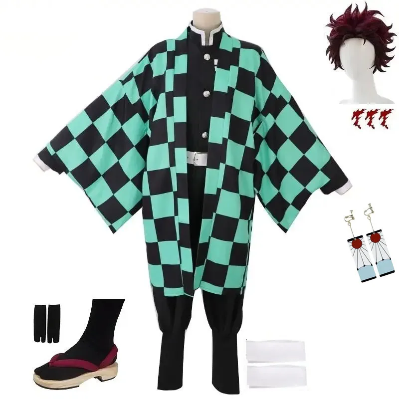 Adulto/bambini Kamado Tanjirou Costume Cosplay parrucca scarpe Kimono mantello verde orecchini adesivi tatuaggio