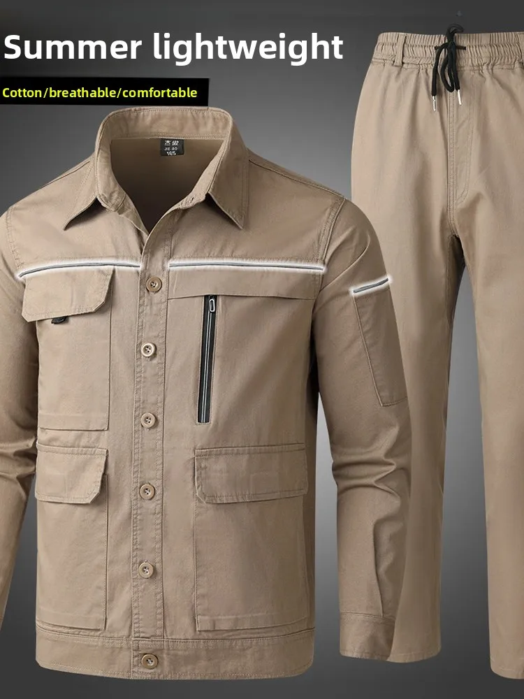 

Summer Thin Cotton Workwear Set Men's Camouflage Long Sleeve Welding Resistant Scald Proof Outerwear Lightweight Labor Protec...