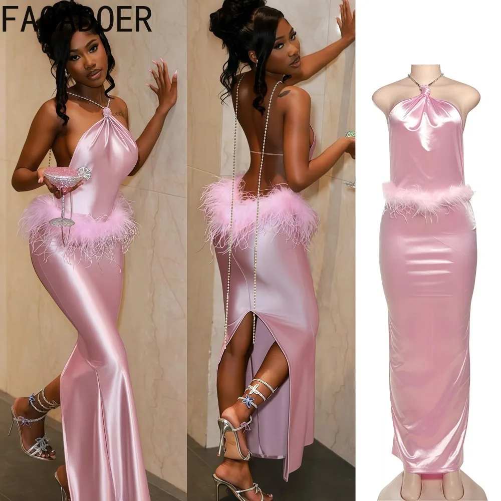 

HLJ Sexy Fur Patchwork Bodycon Long Dresses Women Solid Color Halter Sleeveless Backless Dress Female Clubwear Vestidos 2025 New