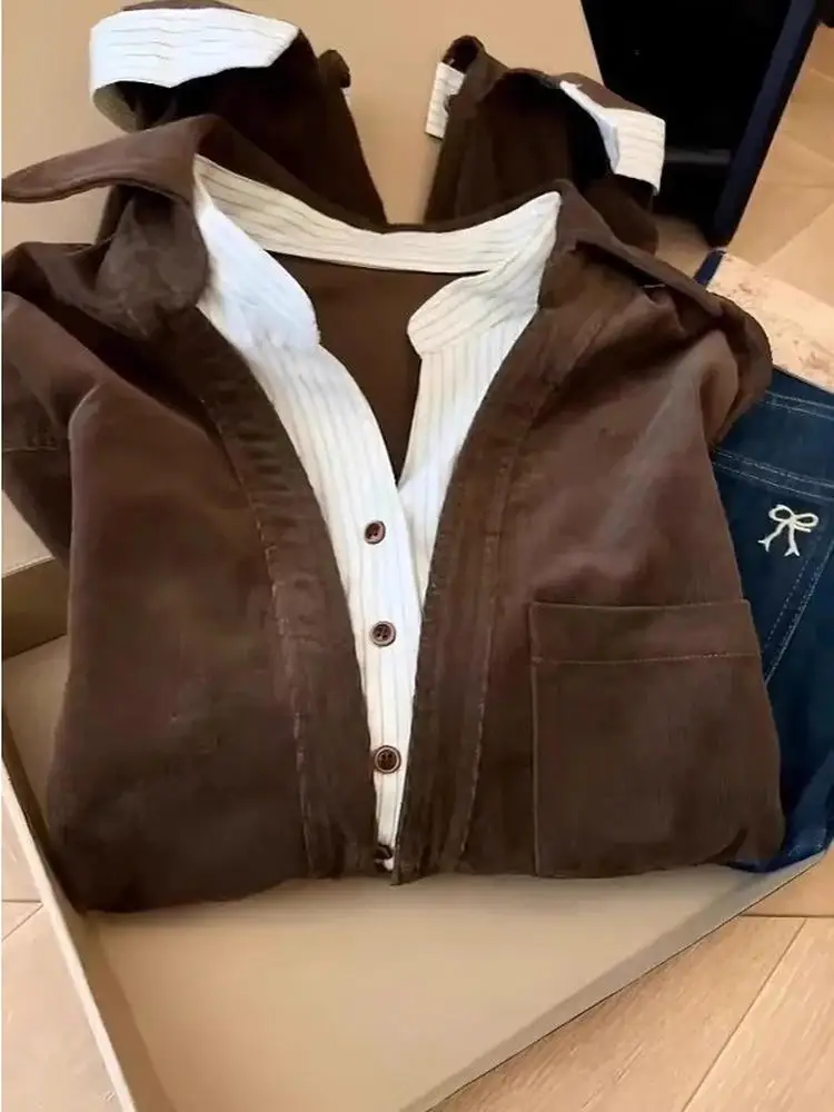 

plus Size Ne irt Women's Autumn Winter Ele Loose Slimming Sli Top Brown Color Korean Sle Long Sve Butto...