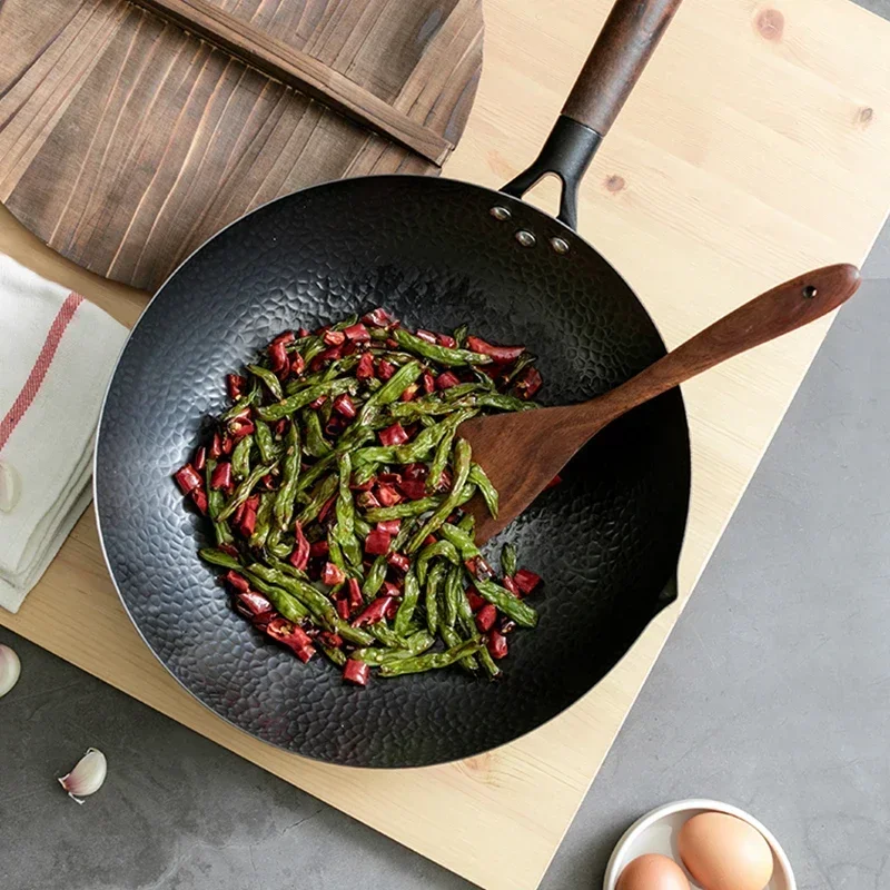 Sartén Wok de acero al carbono de 32cm, juego de Wok para freír con tapa de madera, sartén de fondo plano antiadherente para inducción eléctrica y estufa de Gas