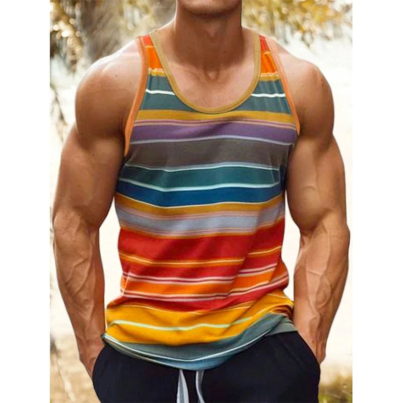 Vintage Striped Graphic Tank Tops For Men Fashion Casual Summer