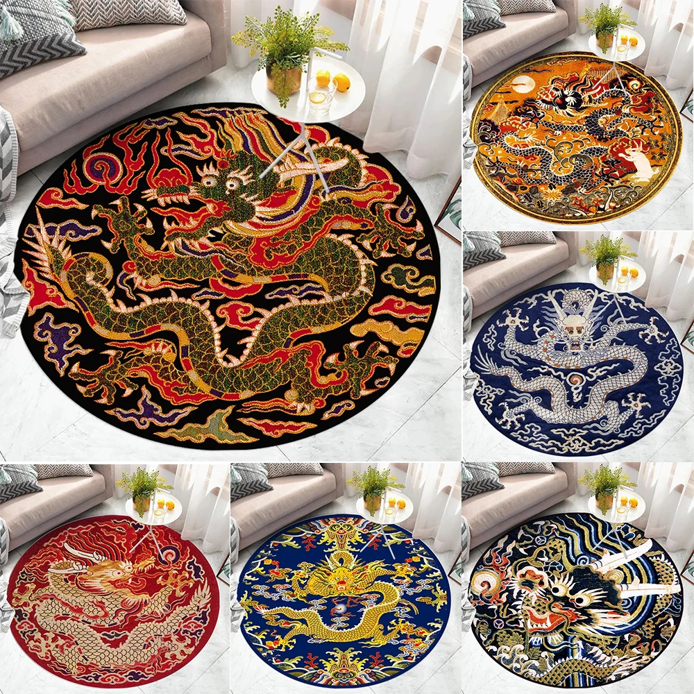 Round Area Rug With Traditional Chinese Dragon Patterns In Multiple Colors Exquisite Artistic Style Soft Durable Floor Decor