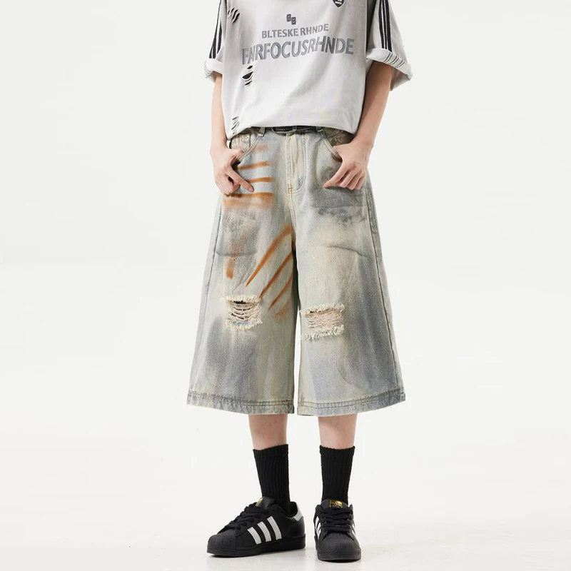 

Мужская трендовая винтажная уличная одежда Y2K, готические рваные широкие джинсовые капри, летние повседневные свободные потертые прямые мешковатые джинсы с карманами