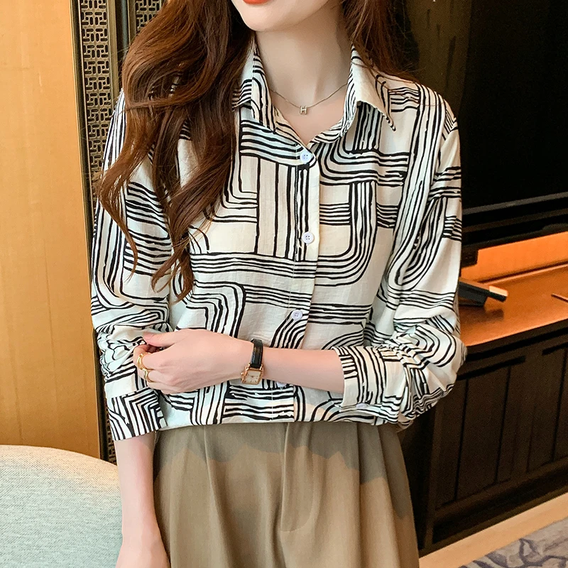 

Винтажные женские блузки, повседневные рубашки с принтом, модная свободная летняя корейская одежда, шифоновые полосатые женские топы с длинными рукавами