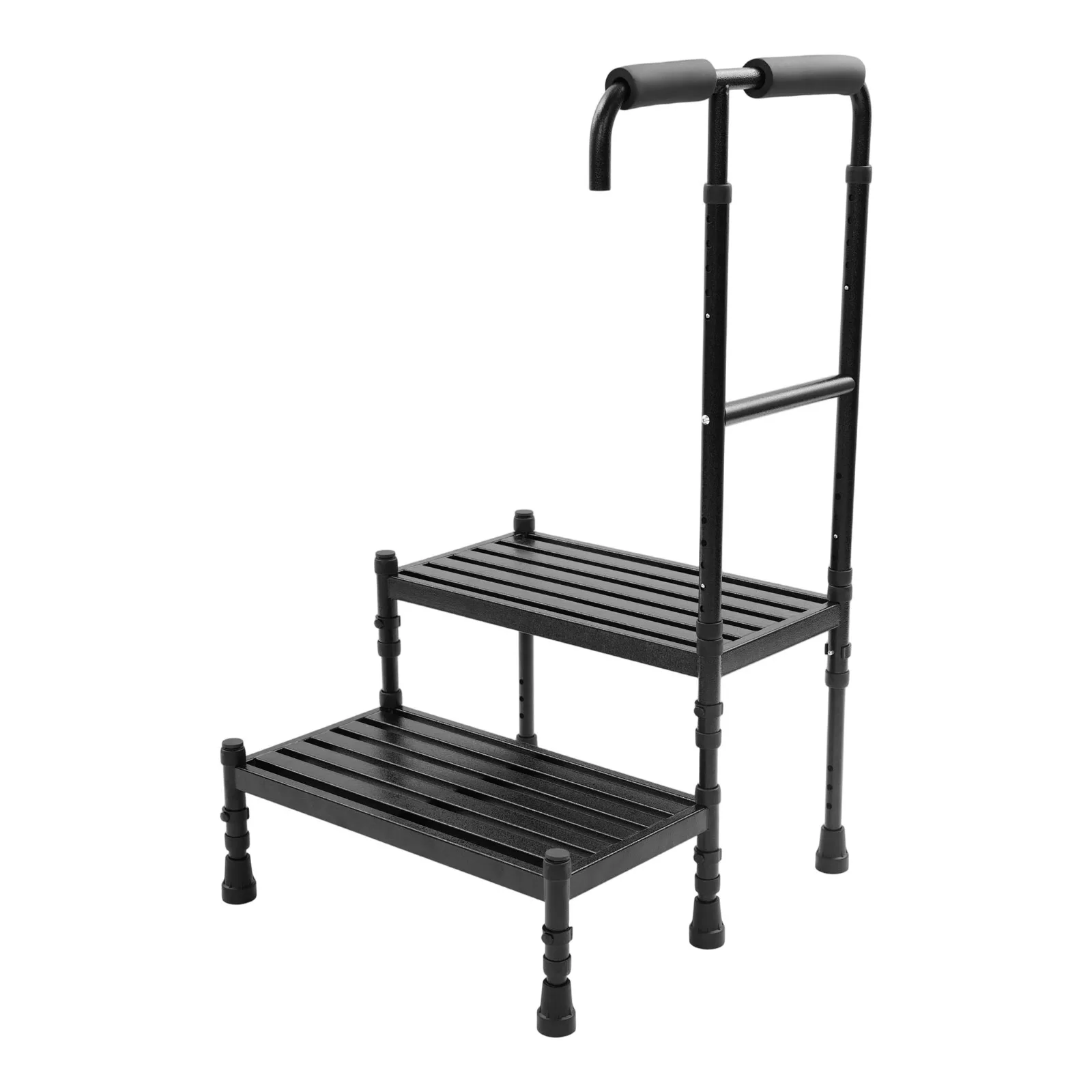 2 Steps 53.5*57*91-108cm Floor Standing Step Stool Adult Ramp Metal Stepping Stool with Comfortable Handle Black