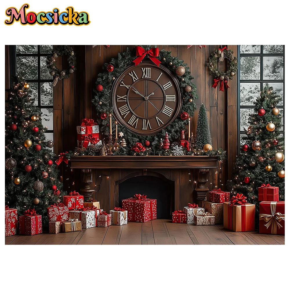 산타 클로스 워크샵 배경 사진 크리스마스 트리 선물 시계 나무 창 배경 어린이 겨울 생일 사진 스튜디오