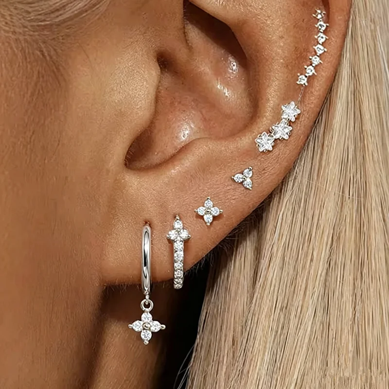 6-teiliges Blumen-Ohrhänger-Set für Damen, Stapelbare Ohrstecker mit Zirkonia, 14K Vergoldete Ohrringe für Urlaub und Party – Detail 1