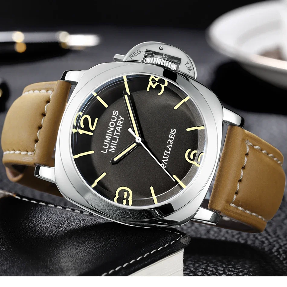 ساعة أوتوماتيكية للرجال حركة ميكانيكية جلد بني أصلي أصفر أخضر فاخر ذهبي وردي عسكري