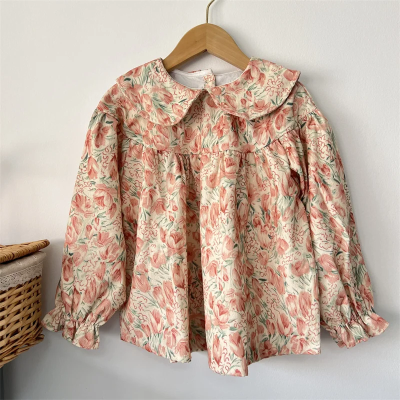 2024 Korea Baby Girls Fall Clothes Lovely Flower Blouse for Girls Toddler Girl Floral Lolita Blouse Children Shirts Pearl Lapel