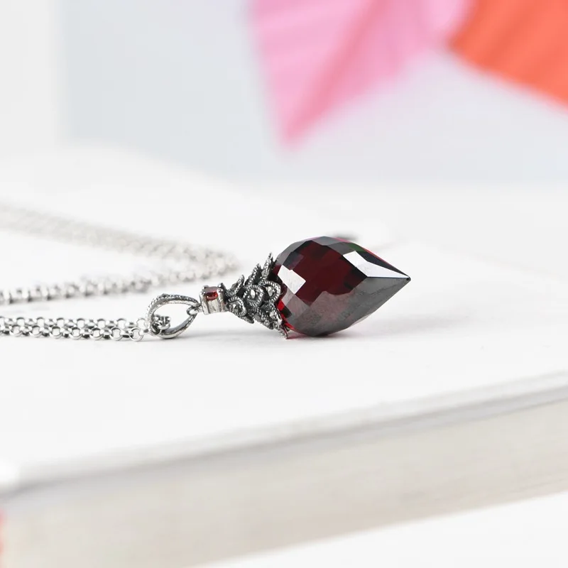 BOCAI New S925 Sterling Silver Pendants Drop Earrings for Women Antique Silver Waterdrip Red Zircon Charms Charm Fine Jewelry