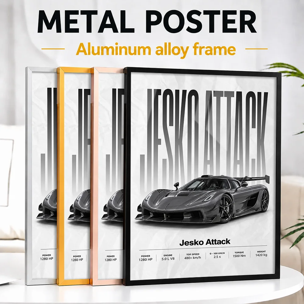 Swedish Jesko Attack Graphite Grey Supercar Framed Metal Poster Personalized Track Performance Wall Art Gift For Motorsport Fans