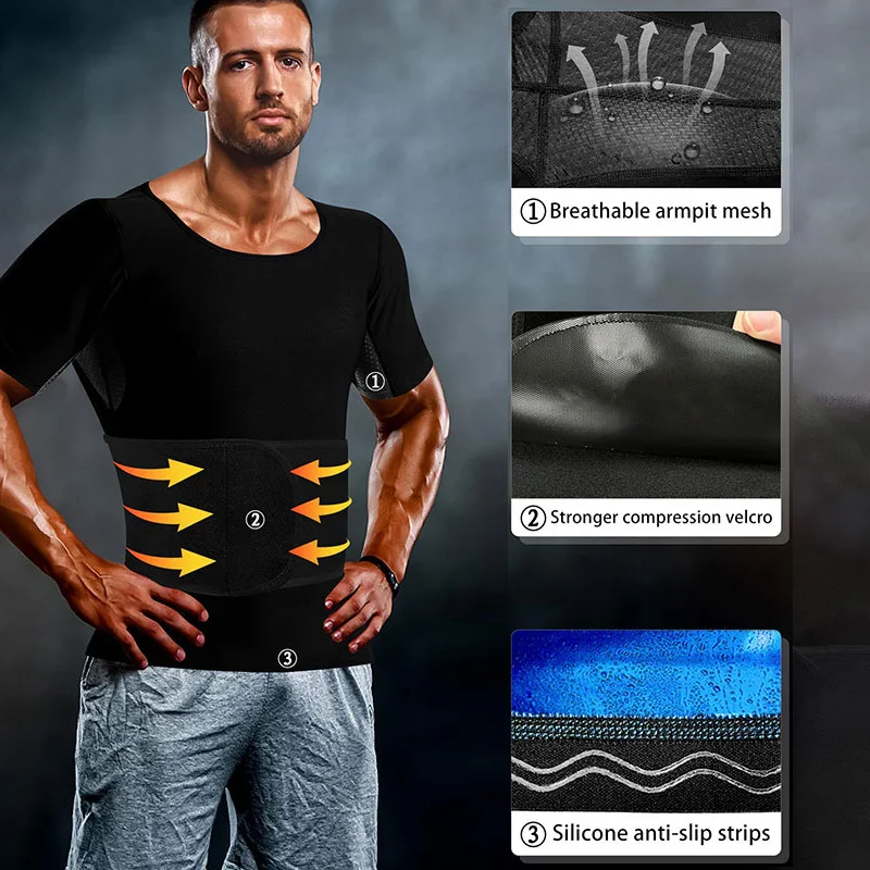 عرق ساونا رجالي بأكمام قصيرة لتخفيف الوزن للبالغين، قطع علوية مضغوطة لتشكيل الجسم بالكامل مع حزام قابل للتعديل وإبط مسامي