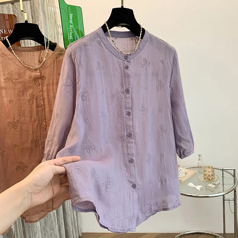 

Новая женская вышитая блузка из хлопка и льна в китайском стиле, тонкая, с рукавом 3/4, простая, с круглым вырезом, весна-лето