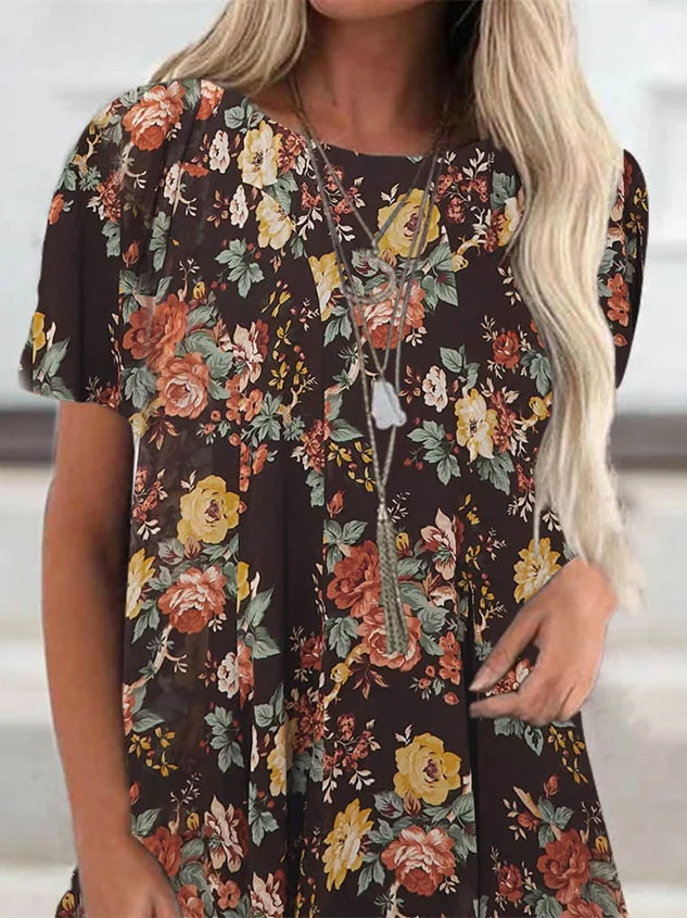 Plus Size Women Short Sleeve Scoop Neck Floral Printed Top