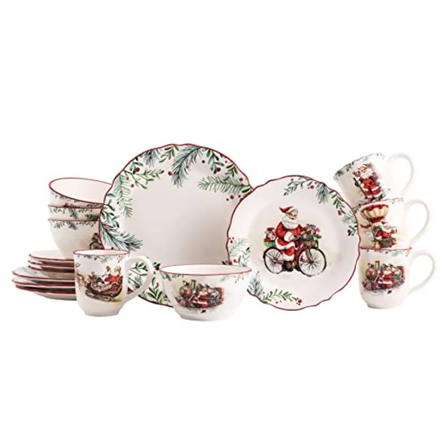 

Керамический набор столовой посуды Santa On The Way, 16 предметов, сервисный набор для 4 входят 11-дюймовые обеденные тарелки 8,75 дюйма, тарелки для салата, 25 унций, керамика