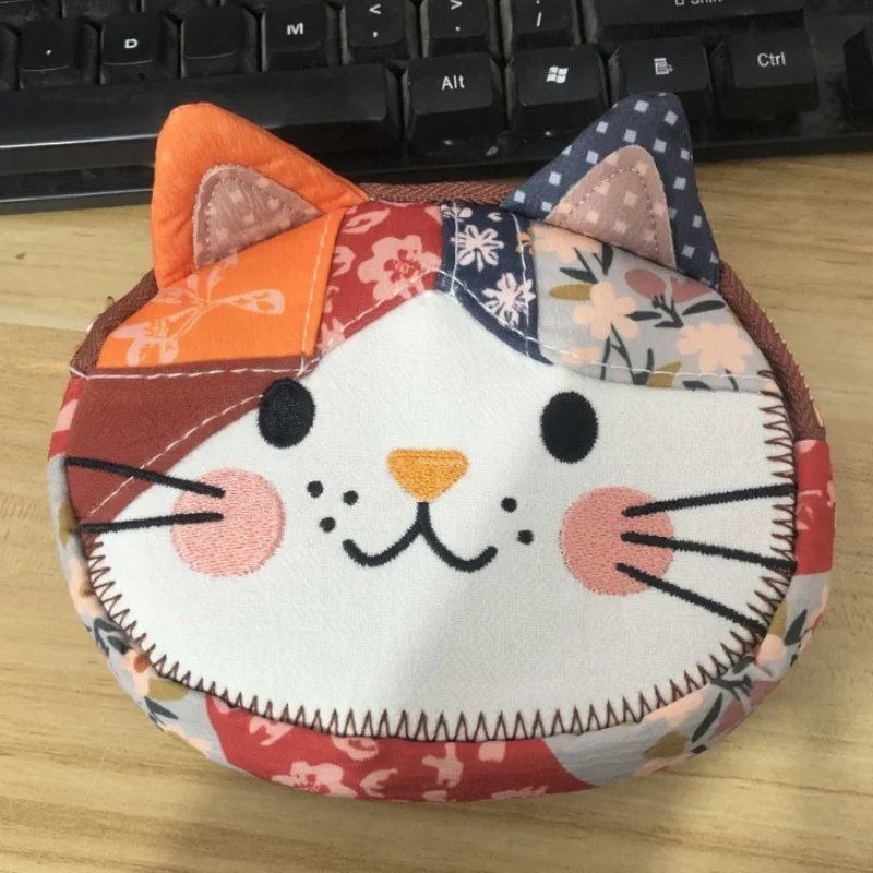 Cute Cartoon Cat Patchwork Coin Purse Vintage Zipper Small Storage Pouch Animal Shape Wallet For Cards Coin Daily Mini Organizer