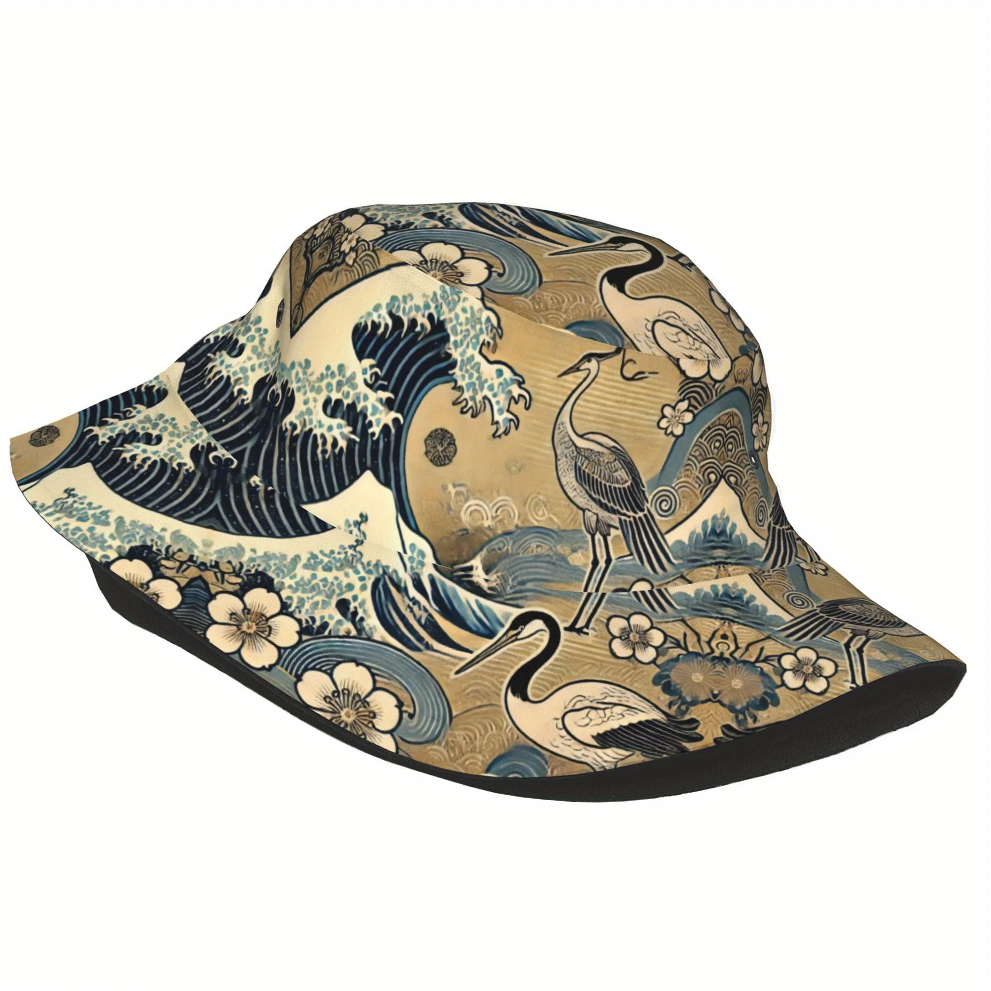 Printed Fisherman Bucket Hat Japanese Wave Crane Art Lightweight Sun Hat for Men Women Outdoor Beach Festival Party Accessories