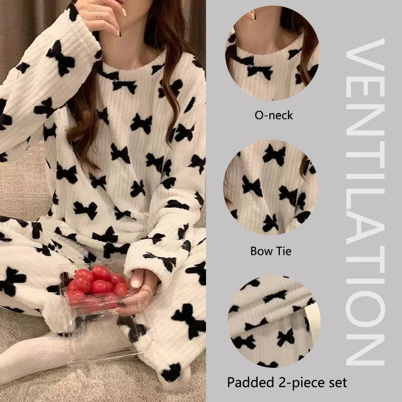 Thickened Warm Autumn Winter Coral Velvet Pajamas Female Long-Sleeved Homewear Easy to Clean Women School Sleepwear Two-Piece