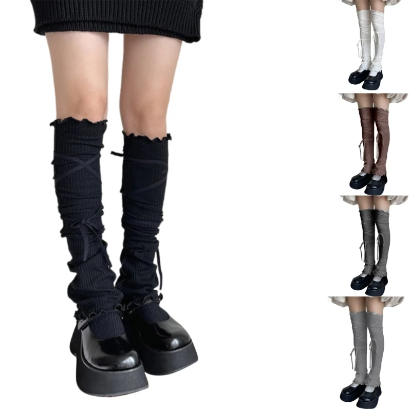 

Aesthetic Leggings Gaiters Soft Ribbed Thigh High Winter Leg Warmers Ruffle Trim Footless Socks with Lace Up Bandage