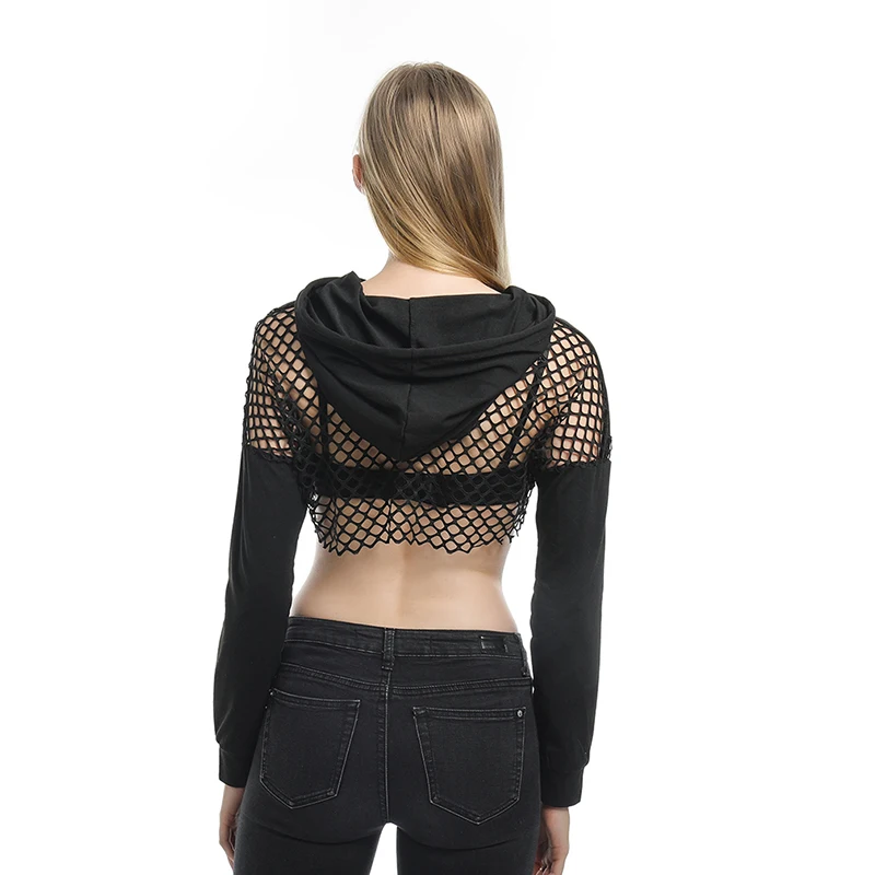 Women Hollow Out Hoodies Black Long Sleeve Pullovers Solid Crop Tops Mesh Sweatshirt Spring Autumn Y2K Short Tops