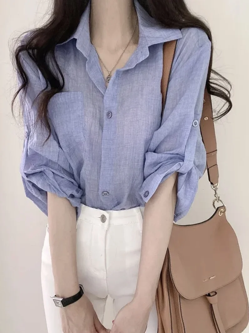 قميص صيفي أنيق أبيض بأكمام طويلة للحماية من الشمس، قميص خفيف الوزن بياقة واحدة وزر واحد، قميص نسائي عصري بأكمام فقاعية