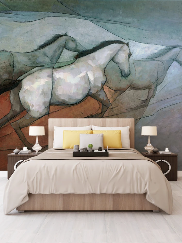 Hand-Painted Abstract Wild Horse Oil Painting Living Room TV Background Wallpaper Seamless Sofa Wallpaper and Mural Wall Cloth