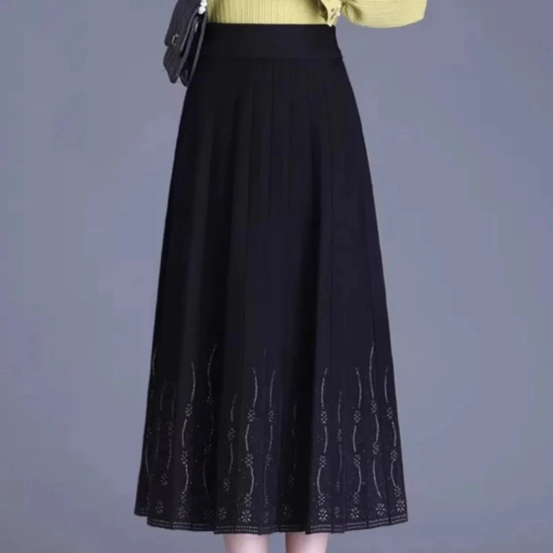 

Knitted Midi Skirt High Waist Thick Woolen Skirt Mid Length Pleated Skirt Large Swing Skirt