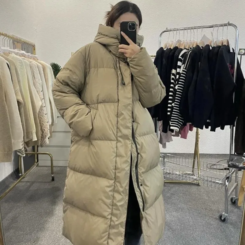 Casaco grosso e solto para mulheres, Parkas de comprimento médio, sobretudo com capuz, outwear quente, moda simples, casaco de inverno feminino, 2023