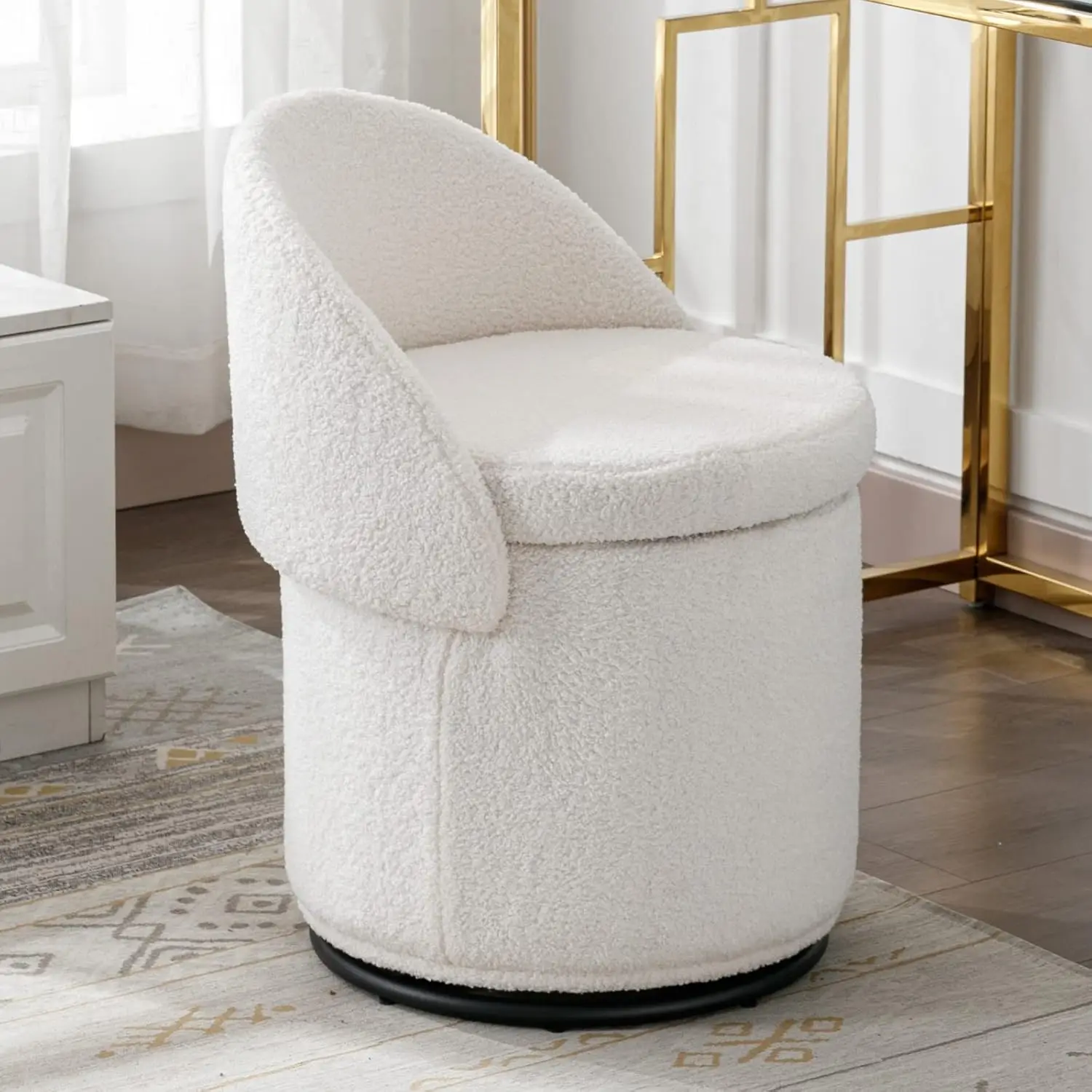 Sherpa Makeup Ottoman with Storage, Upholstered 360° Swivel Vanity Stool with Foldable Backrest Modern Cylindrical Footrest Stoo